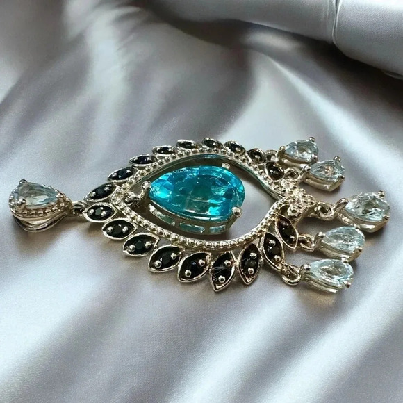 Swiss Blue Topaz|Aquamarine|Onyx Chandelier Sterling Silver Pendant - Picture 11 of 13
